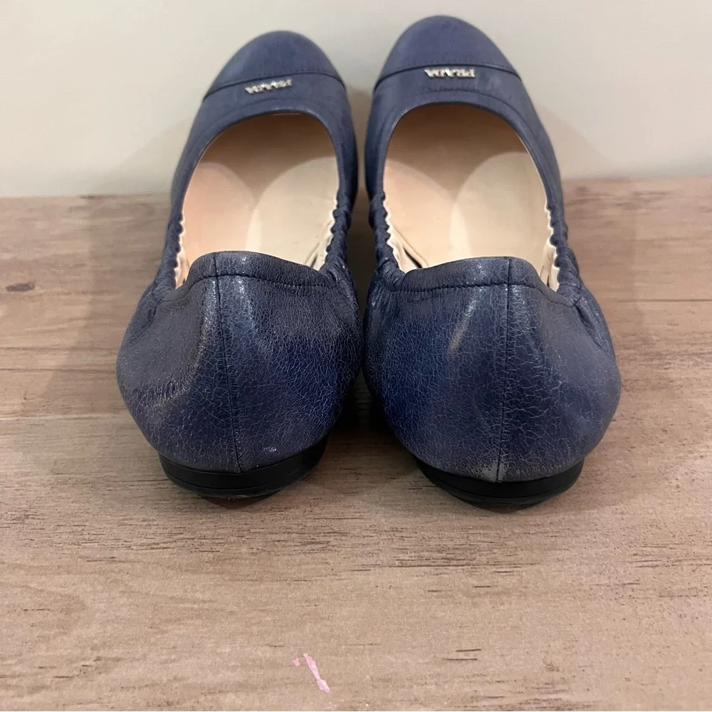 Prada Leather Scrunch Ballet Flats 9.5 Navy Blue 39.5 Made In Italy - Picture 4 of 9